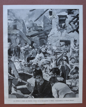 Kunst Druck Messina 1909 Riccardo Pellegrine Erdbeben in Sizilien und Kalabrien Soldaten bei Rettungsarbeiten